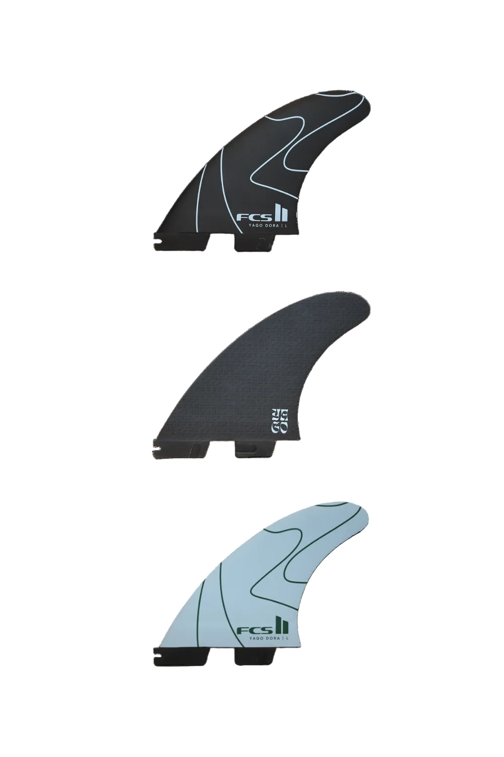 FCS II Yago Dora PC Tri Surfboard Fin Set Flux/Charcoal
