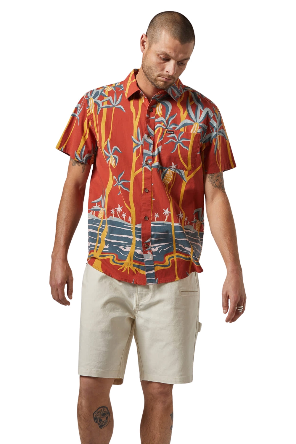 Brixton Charter Print Short Sleeve Woven Shirt Dark Red Scenic Trip