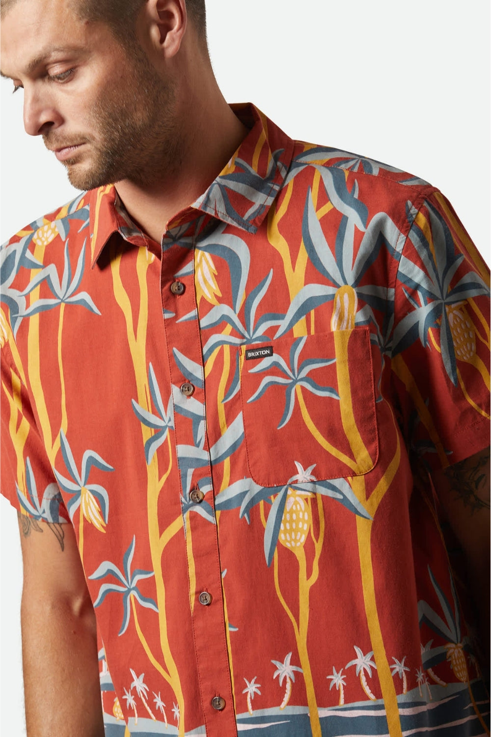 Brixton Charter Print Short Sleeve Woven Shirt Dark Red Scenic Trip