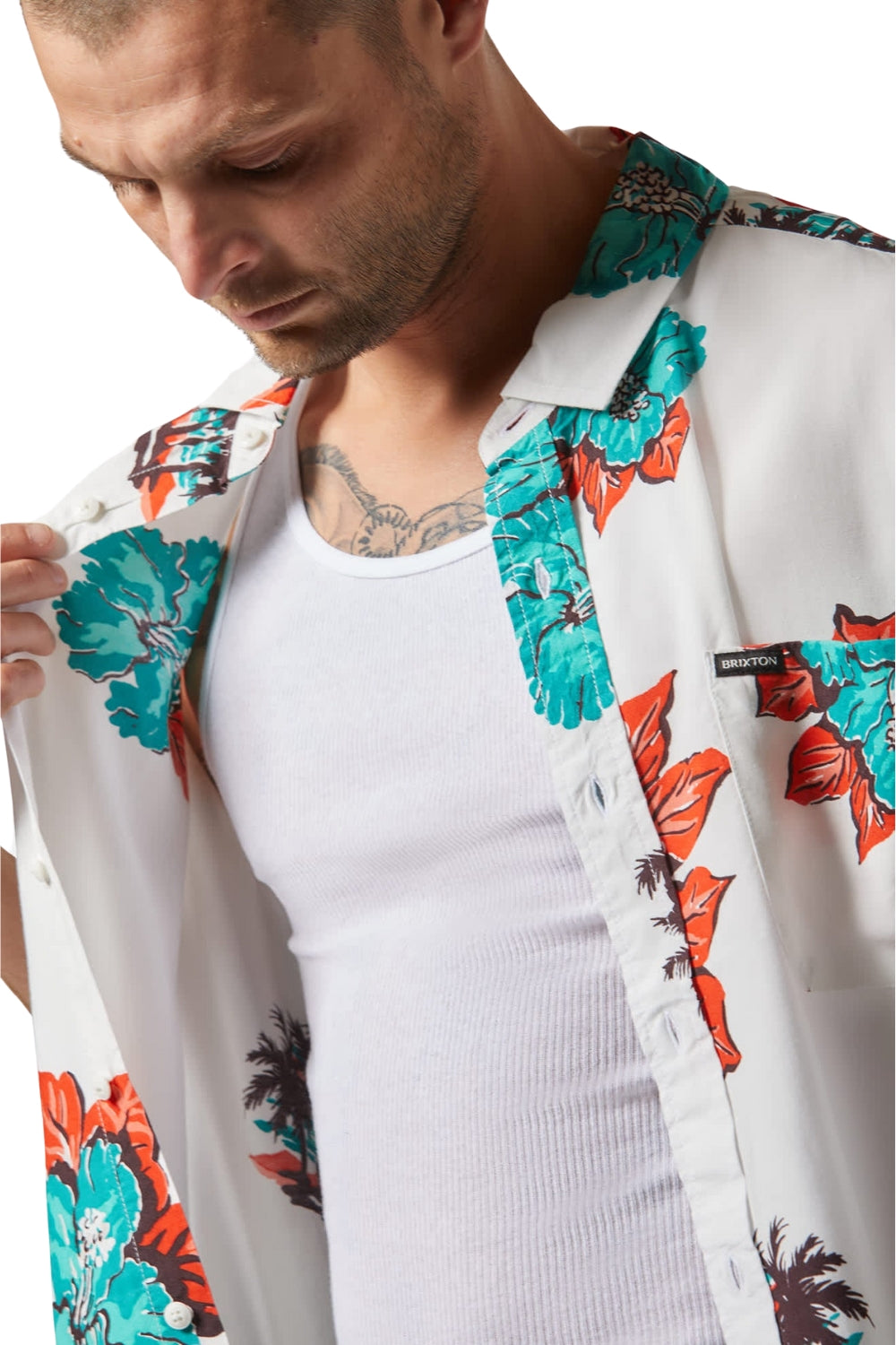 Brixton Cru Print Short Sleeve Woven Shirt Off White/Aquatic Green Floral