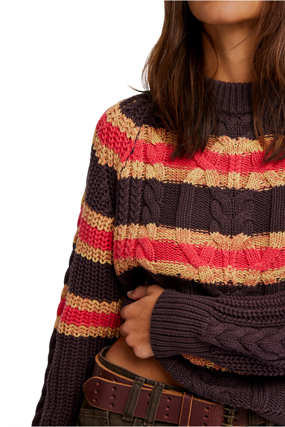 Free People Frankie Cable Striped Pullover Chocolate Combo