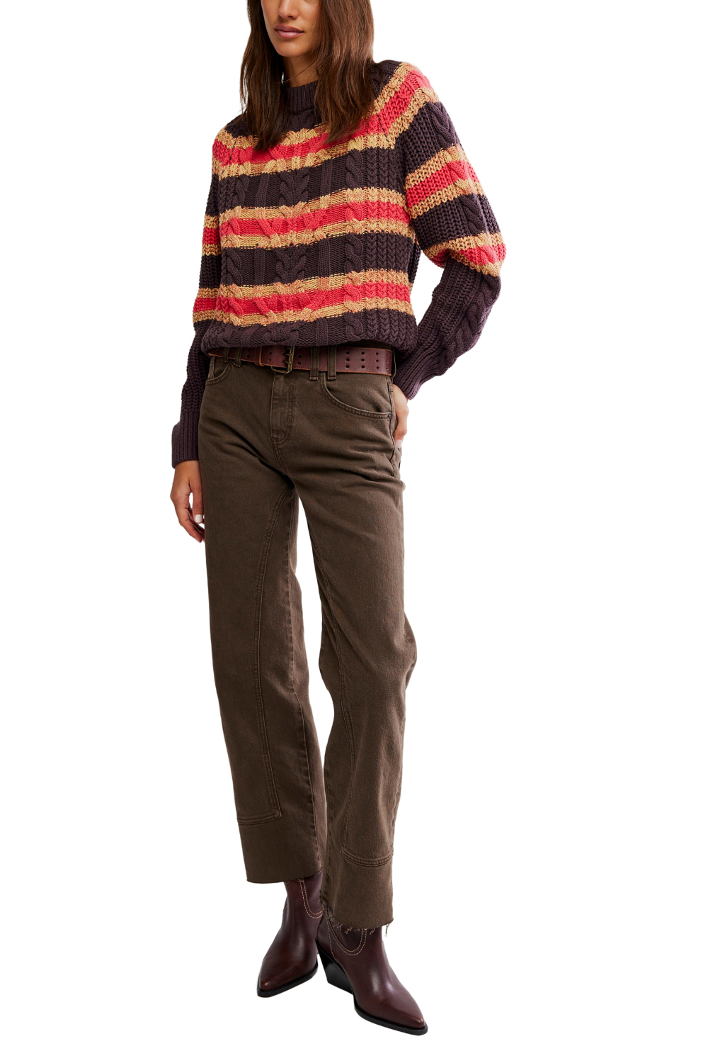 Free People Frankie Cable Striped Pullover Chocolate Combo