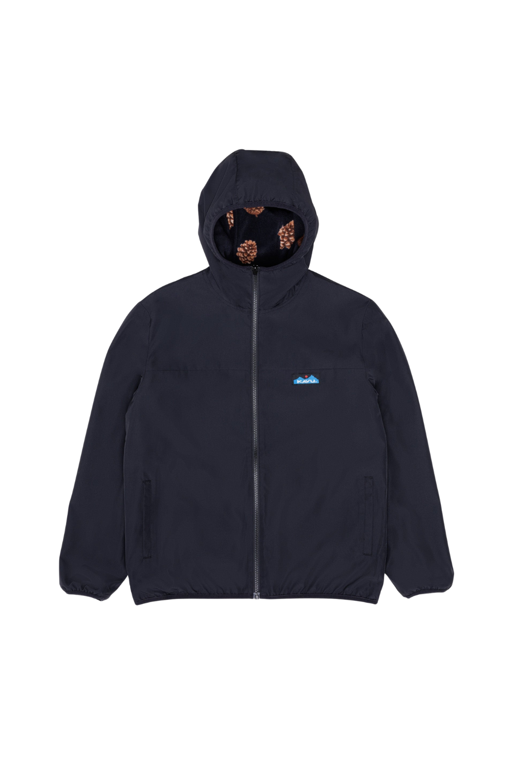 A dark navy hooded jacket with a front zipper, featuring a small light blue embroidered logo on the left chest and a patterned lining visible inside the hood, shown against a plain white background.