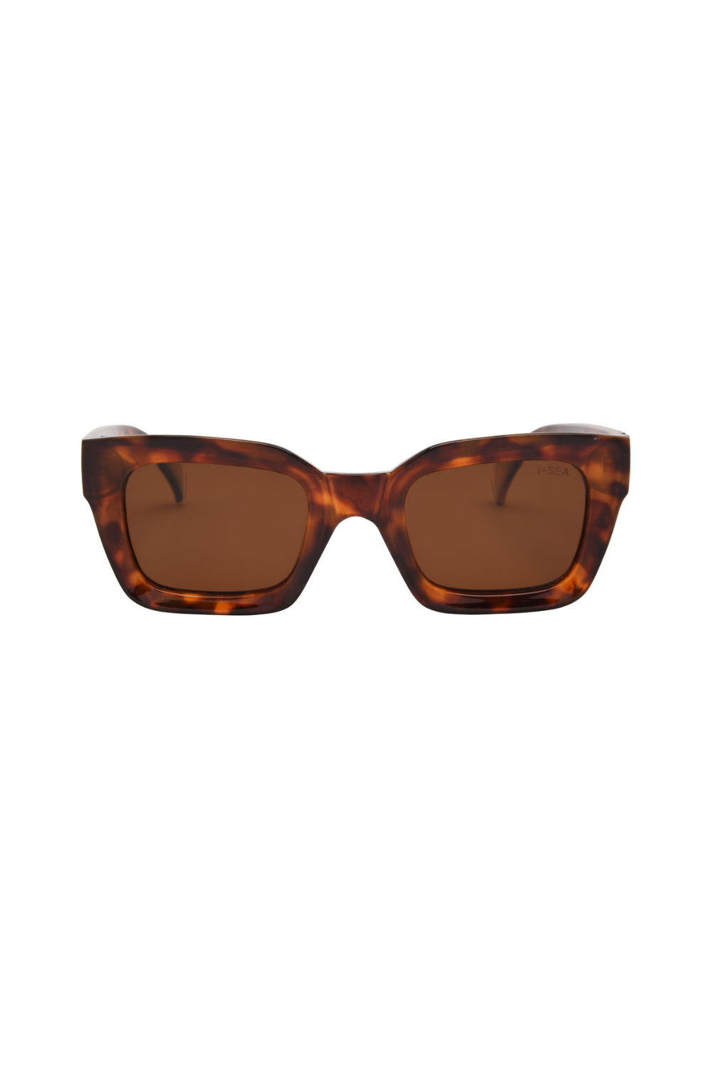 Sunglasses with tortoiseshell frame and brown lenses on a white background
