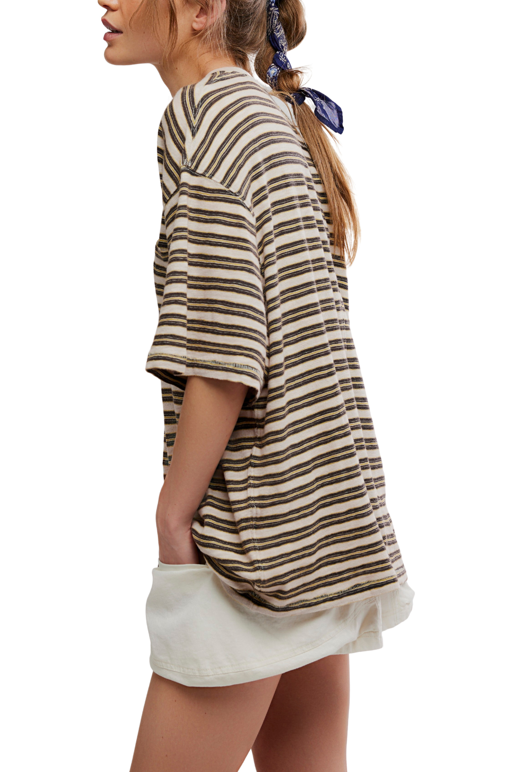 Free People All Love Womens Stripe Pocket T-Shirt Teal Combo