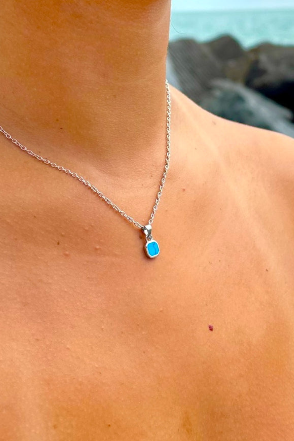 Ocean Jewel Mini Turquoise Stone Pendant Necklace Silver