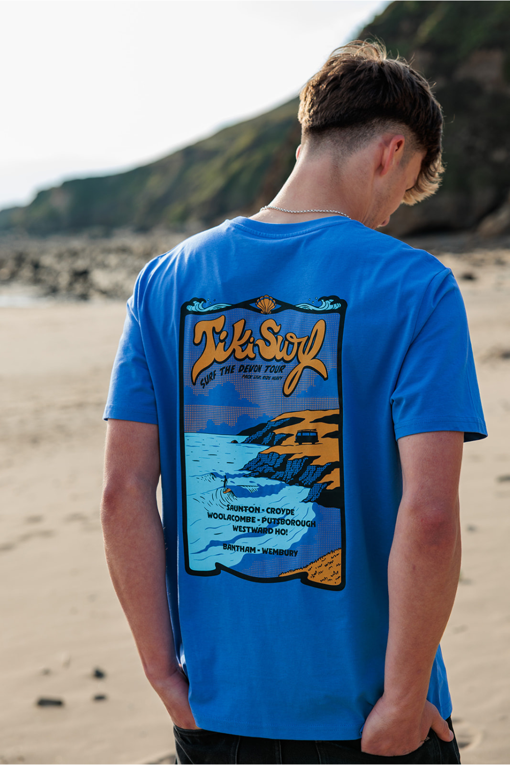 Tiki Surf Tour Mens T-Shirt Bright Blue