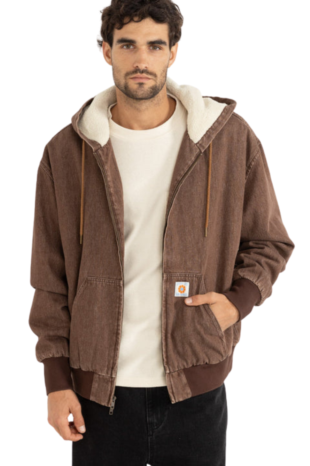 Man wearing a brown hooded jacket with white lining on a white background