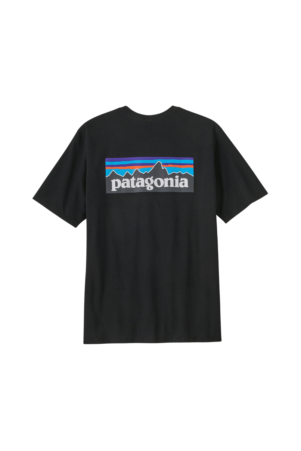 Black t-shirt with Patagonia logo on a white background