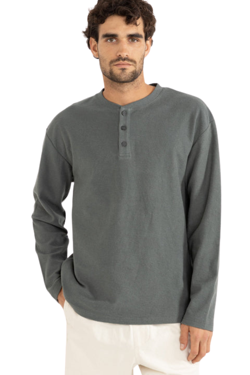 Rhythm Vintage Terry Henley Long Sleeve T-Shirt Silver Pine