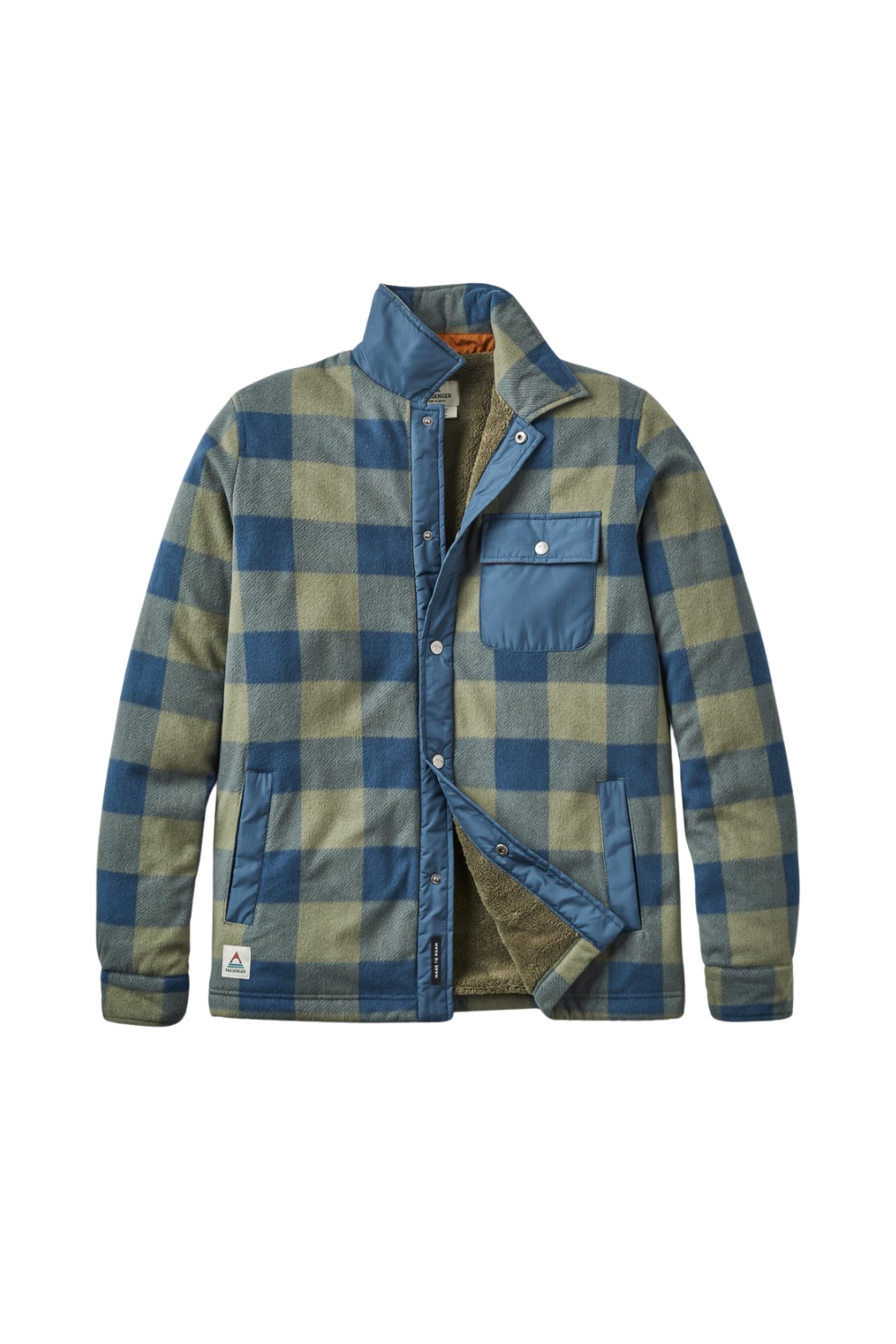 Passenger Firelight Sherpa Lined Overshirt Dusty Olive Dark Denim Check