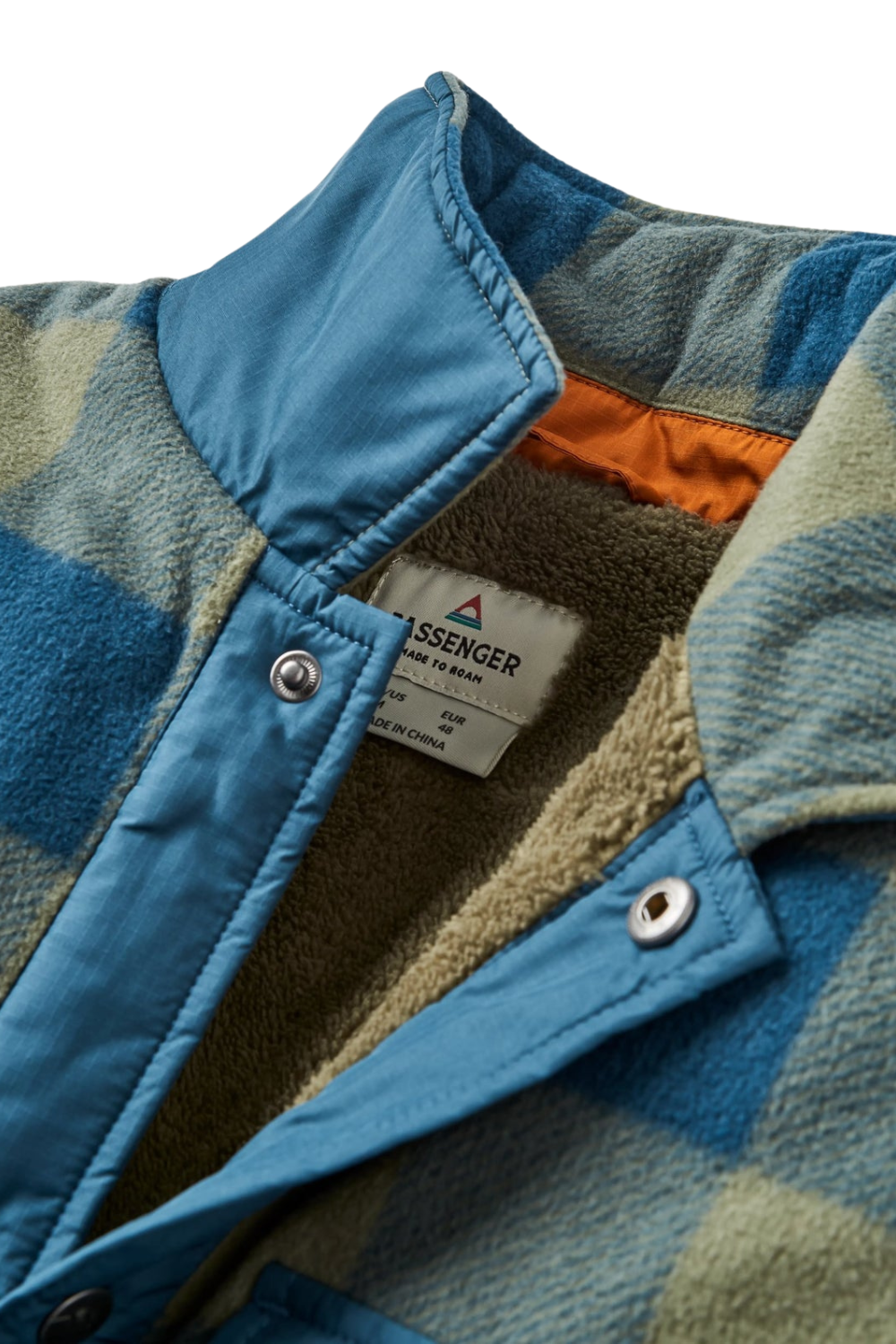 Passenger Firelight Sherpa Lined Overshirt Dusty Olive Dark Denim Check