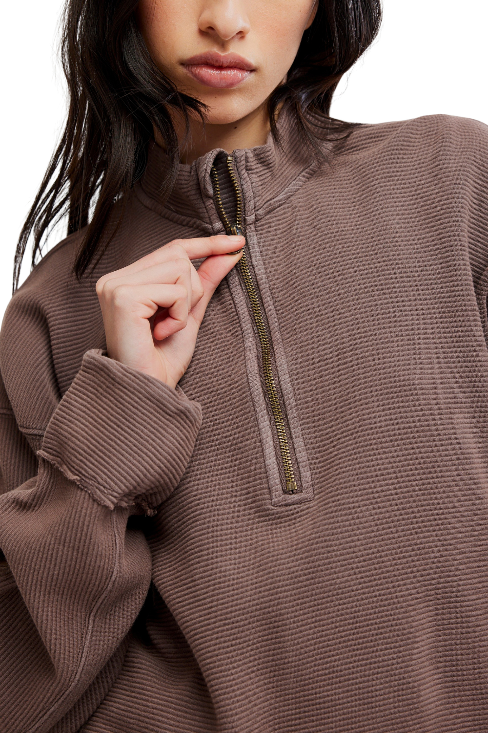 Free People Celeste Womens Quarter Zip Pullover Mochachinno