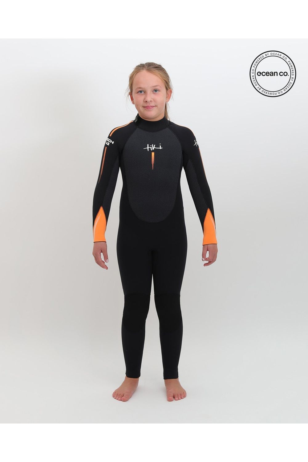 Tiki Junior Tech 4/3 Wetsuit GBS Steamer - Back Zip - Black/Orange