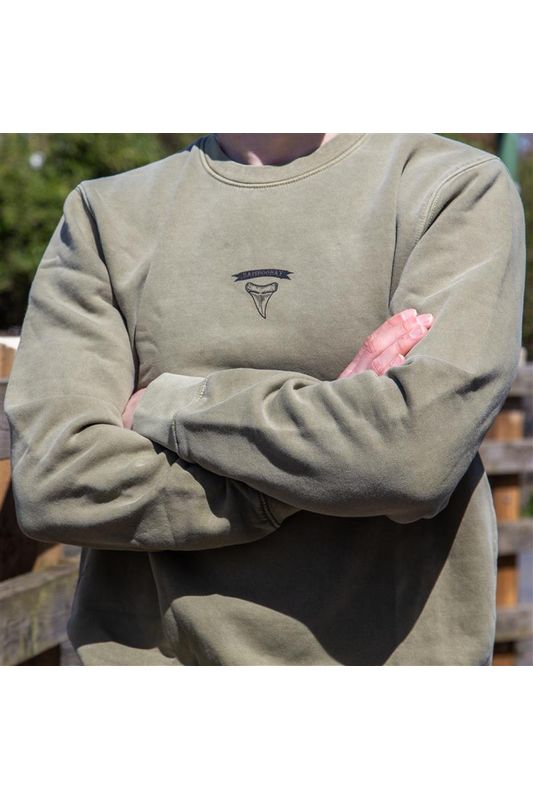 Bamboobay Hold Fast Crewneck Jumper in green from the frton on a model with arms crossed. 