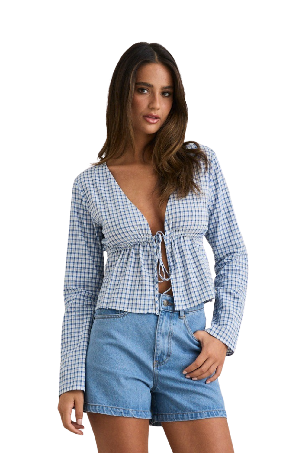 Rhythm Lola Womens Check Tie Front Long Sleeve Top Blue