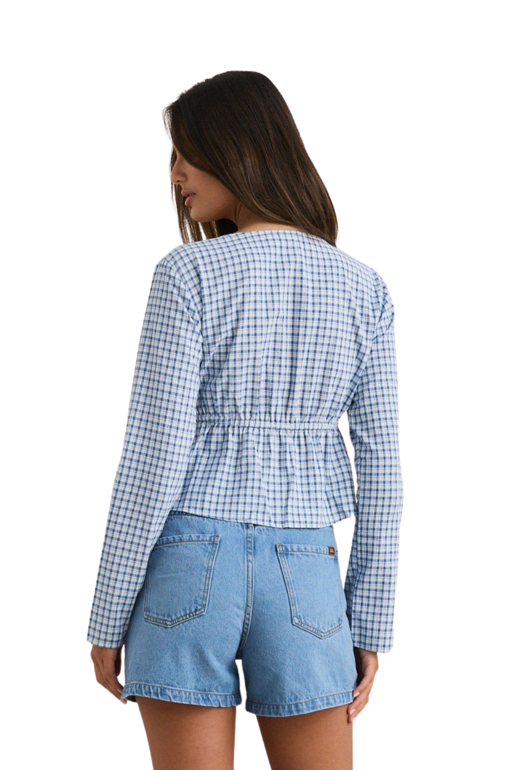 Rhythm Lola Womens Check Tie Front Long Sleeve Top Blue