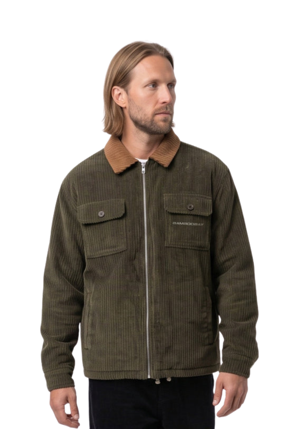A model wearing a cord jacket in olive featuring a light brown cord collar and two chest pockets. A embroidered 'BamBooBay' logo on the left chest pocket.
