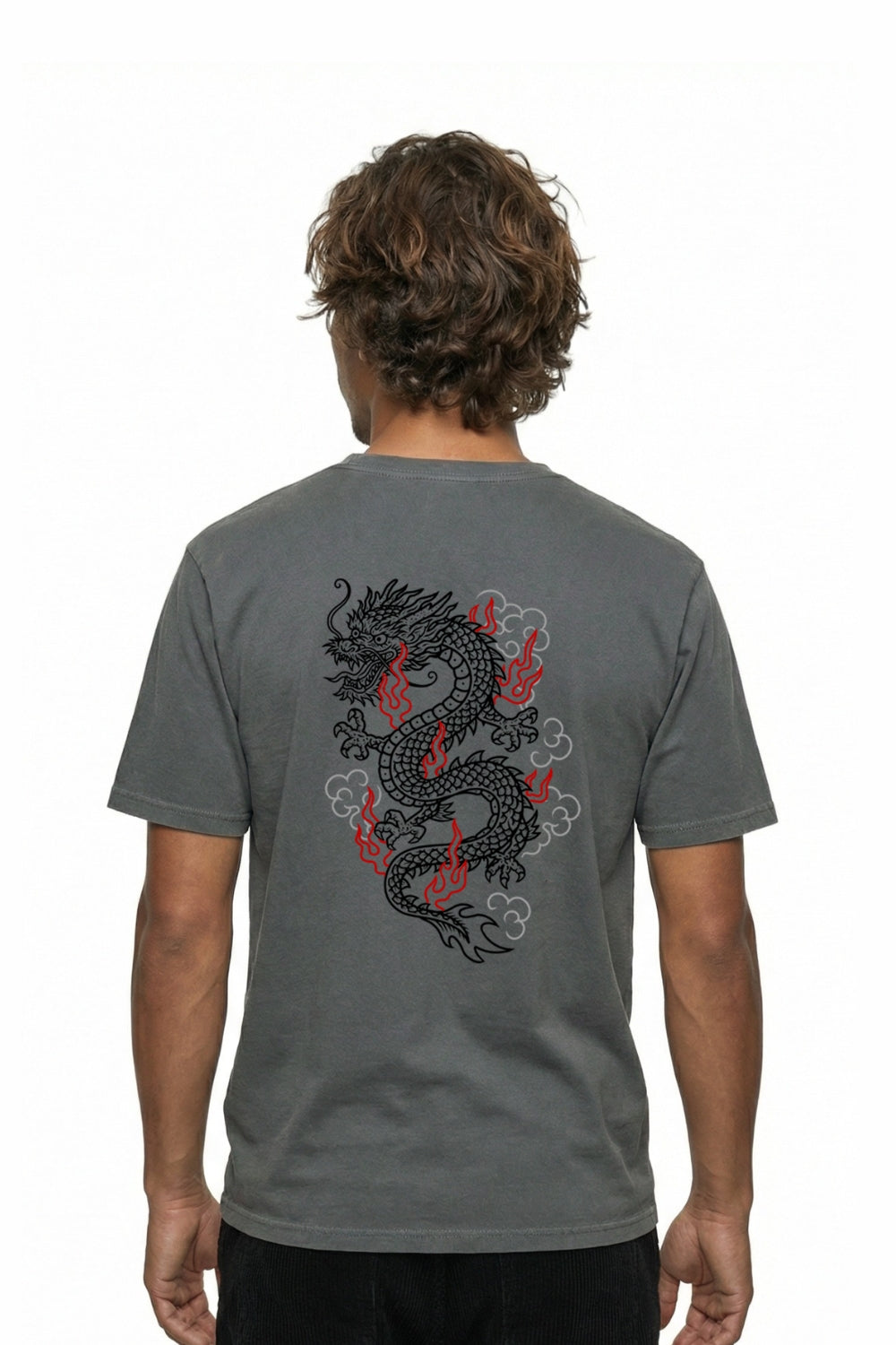 Person wearing a gray t-shirt with a dragon design on the back against a white background