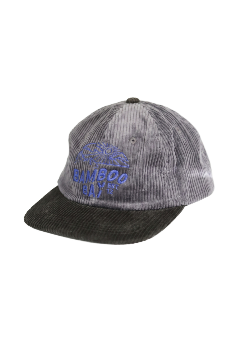 Gray and black cap with blue text on a white background