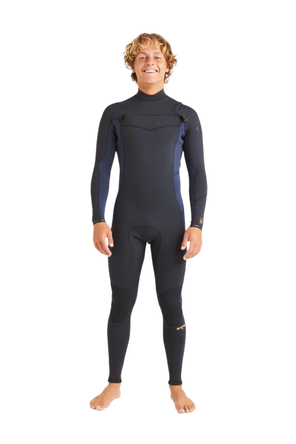 Person wearing a Billabong Absolute Natural 4/3mm men's wetsuit with chest zip in dark navy