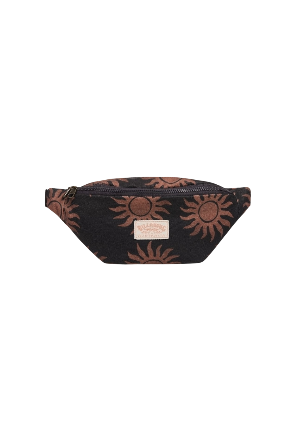 A black waist bag with a brown sunburst pattern and a small beige brand label, shown against a plain white background.