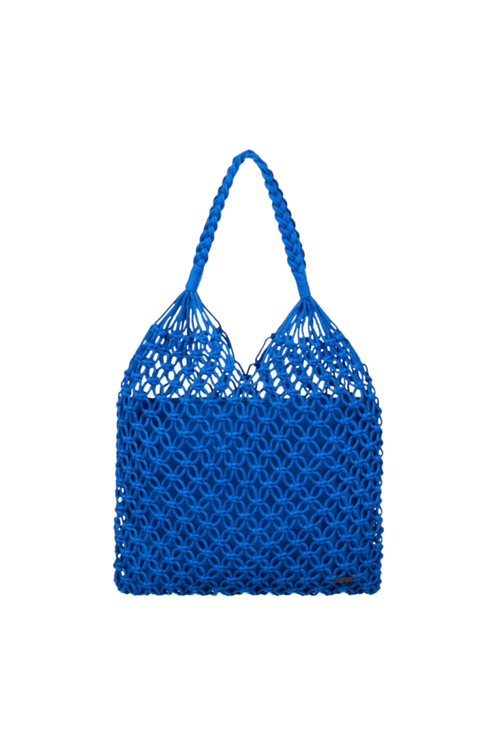 Blue crochet Billabong tote handbag on a white background