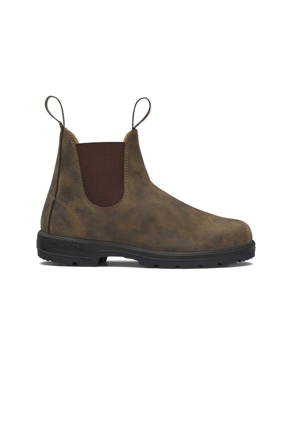 A single brown leather Chelsea boot with a dark brown elastic side panel and a black rubber sole, shown in profile against a white background.