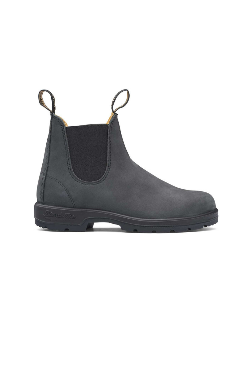 A single clack leather Chelsea boot with a dark brown elastic side panel and a black rubber sole, shown in profile against a white background.