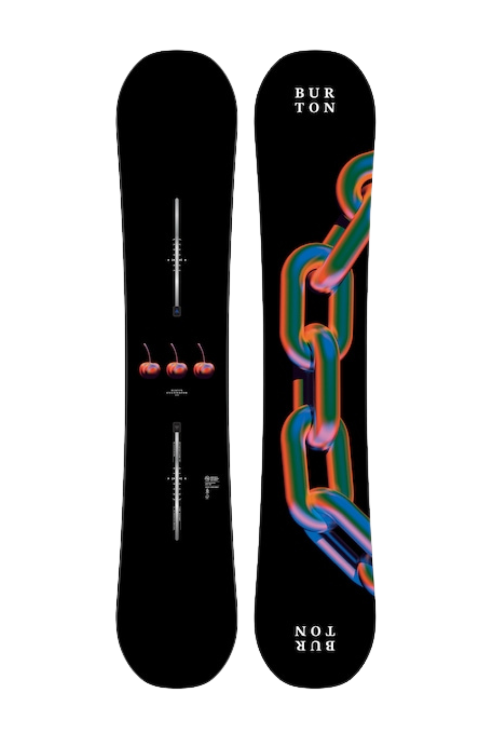 Burton snowboard in black with cherries on colourful chain pattern on the base