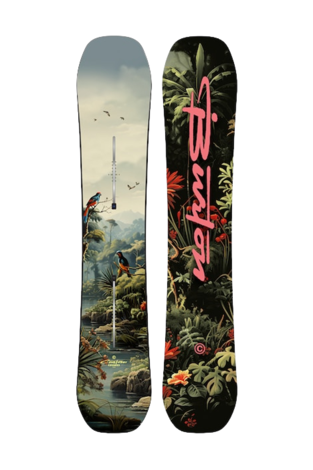 Snowboard deck with artistic jungle theme design on a white background