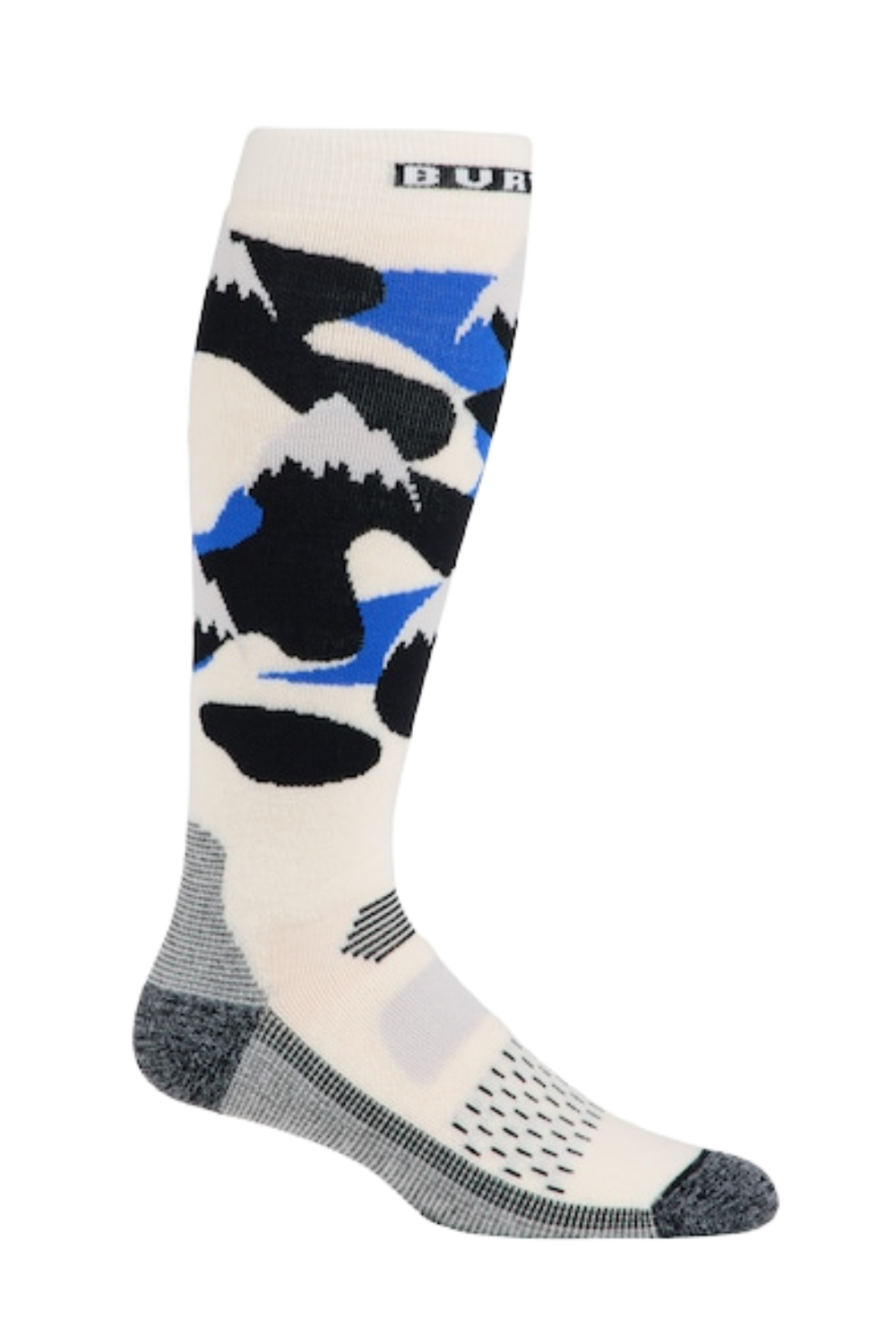 Knee-high sock with mountain design and Burton logo on a white background