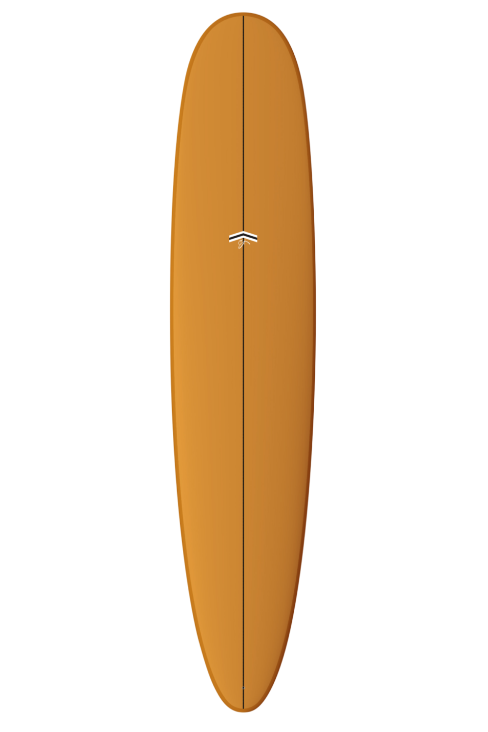 A CJ Nelson Thunderbolt Parallax Plus Surfboard shown from above on a plain white background. The board is a warm golden tan colour with a thin dark center line and a small white-and-black logo near the middle.