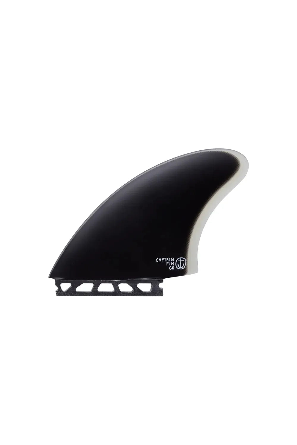 Black surfboard fin with a white logo from Captain Fin.