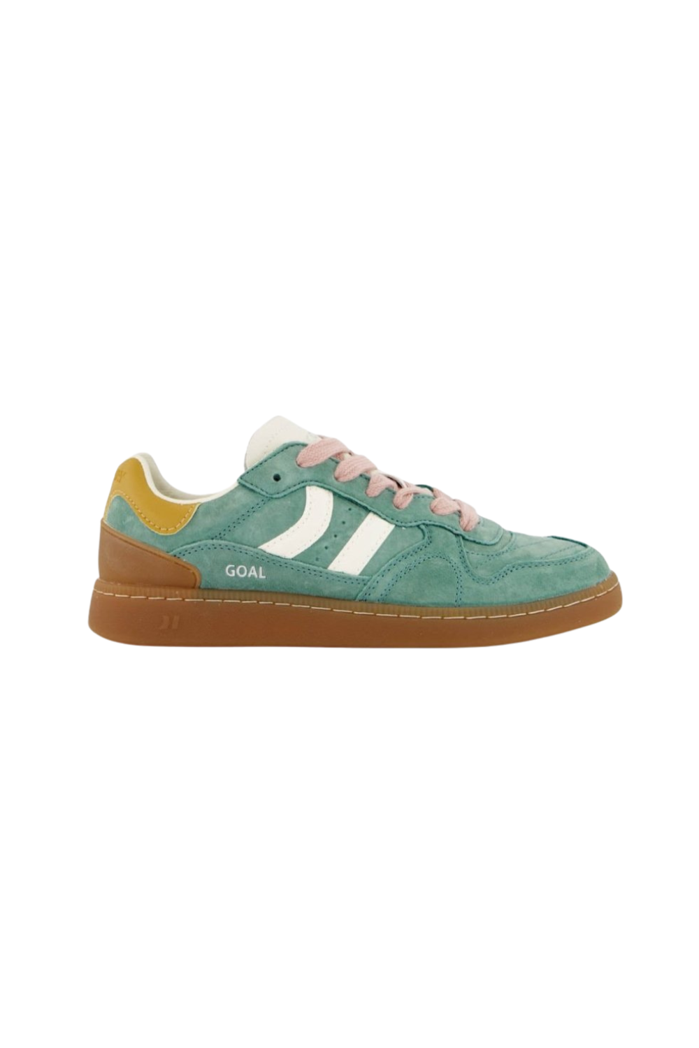 Green trainer with yellow, pink and white details.