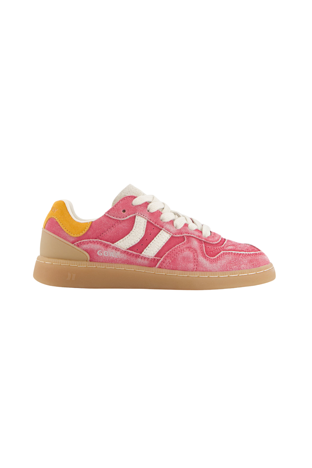 Pink trainers with yellow, beige and white details