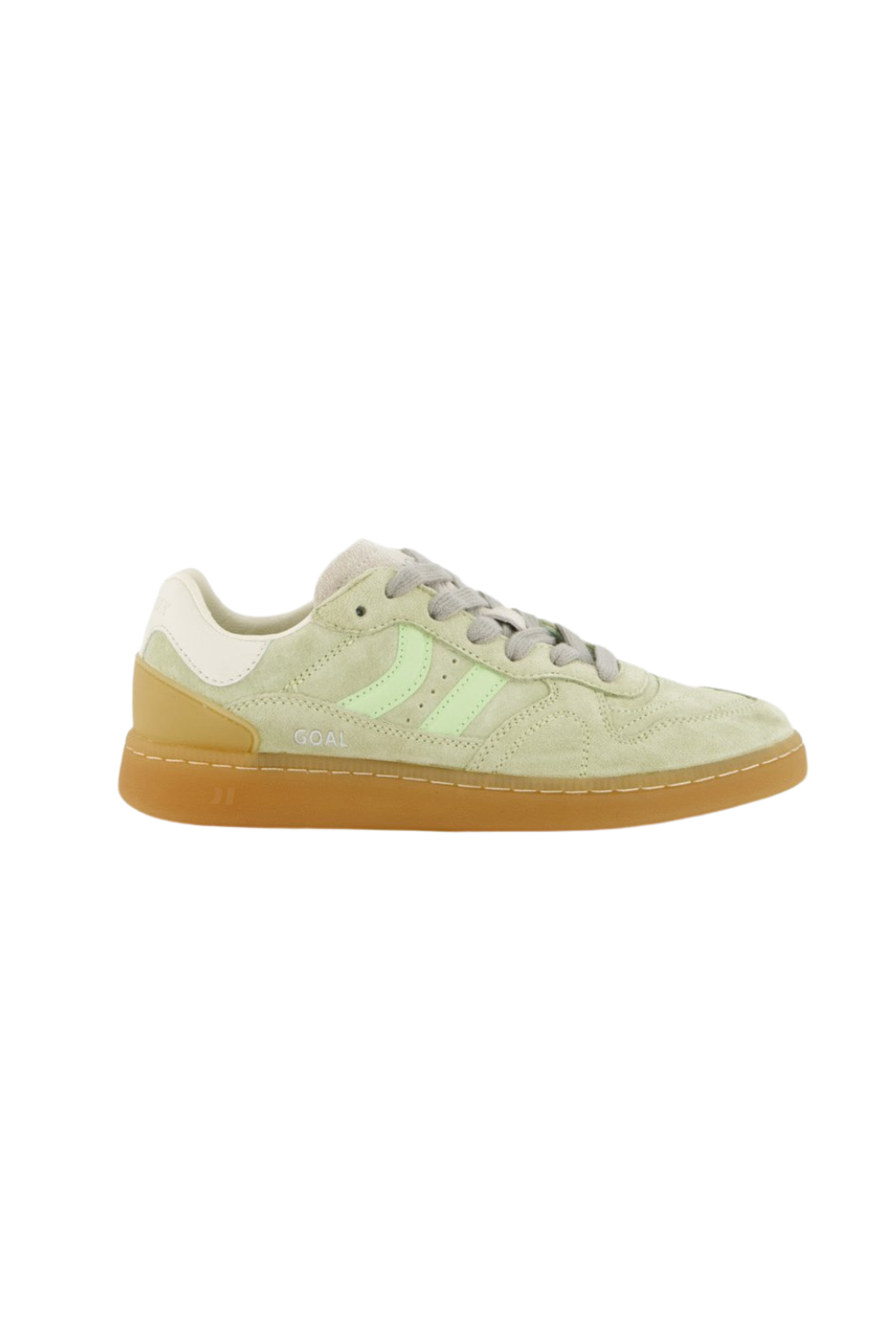 Light green trainers with a gum sole