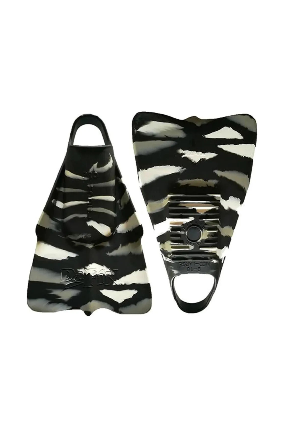 Black and white camouflage fins on a white background