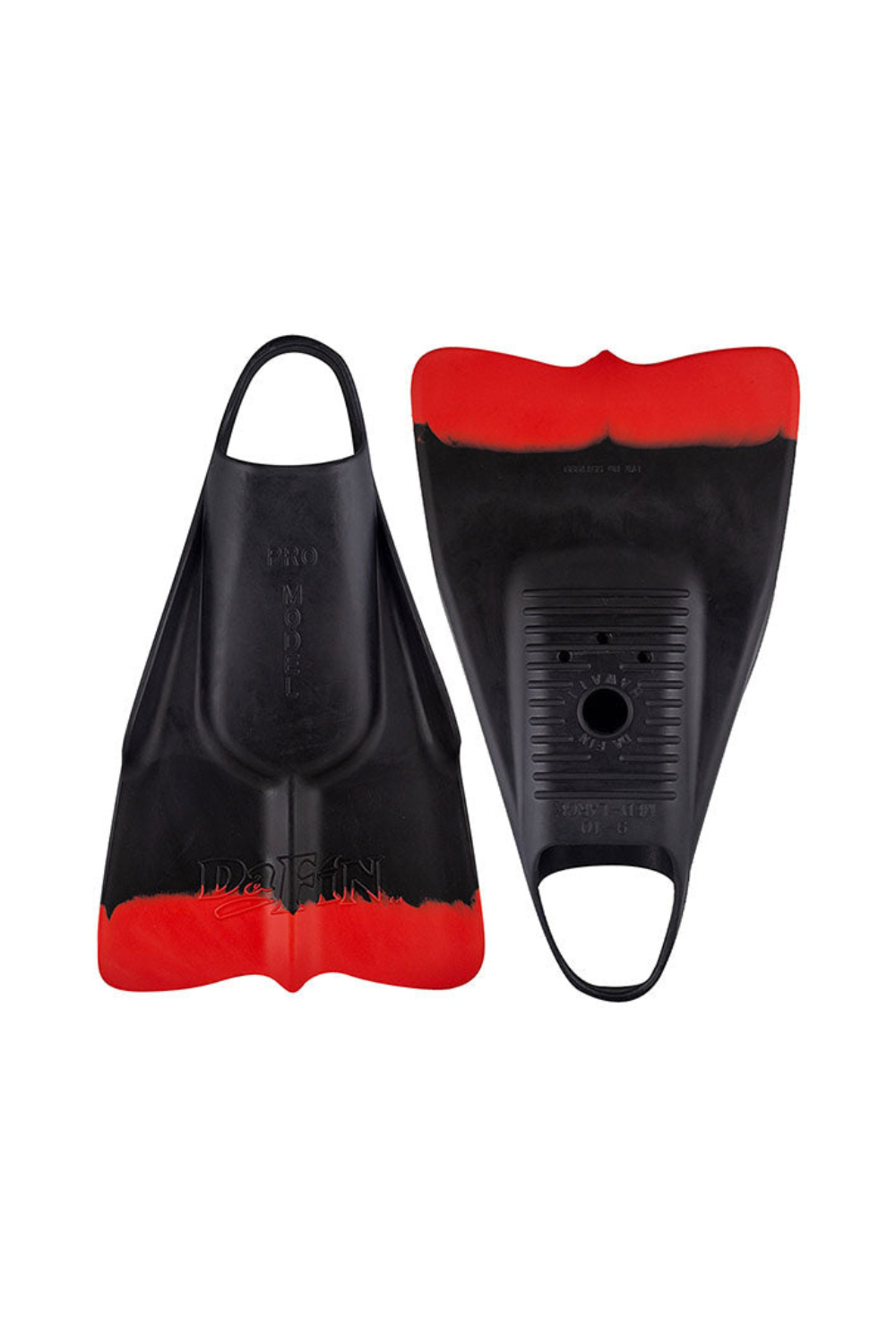 A pair of black and red swim fins shown from both the front and back views against a plain white background.
