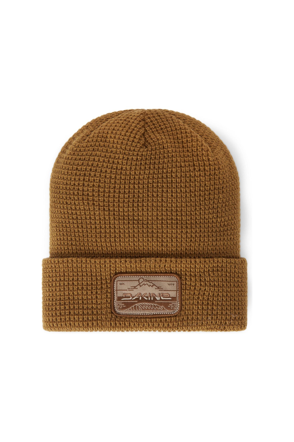 Brown knit beanie with a logo patch on a white background