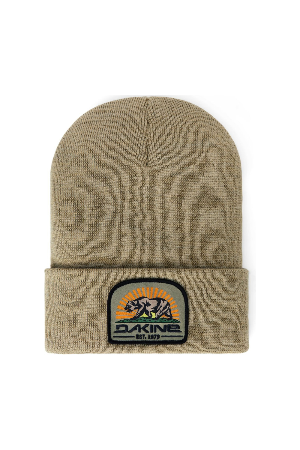Beige beanie with a patch on a white background