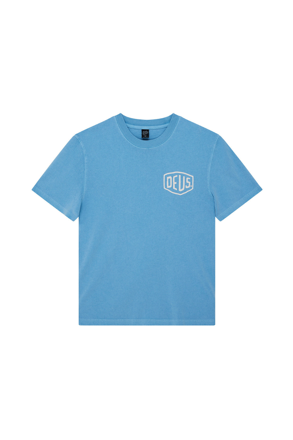 Blue t-shirt with a logo on a white background