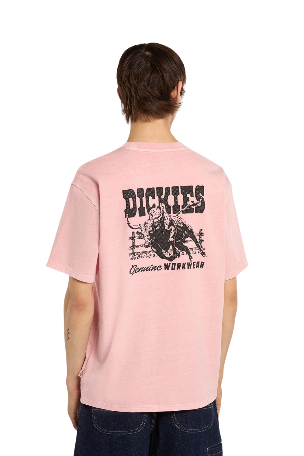 Person wearing a pink t-shirt with 'Dickies' branding on the back, standing against a white background.