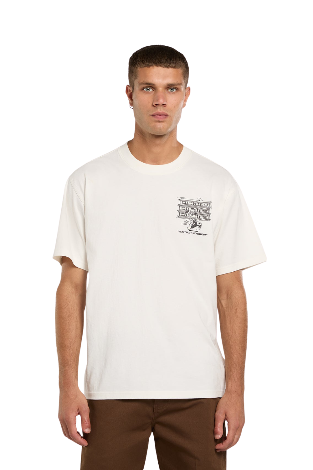 Man wearing a white t-shirt with a graphic design on a white background