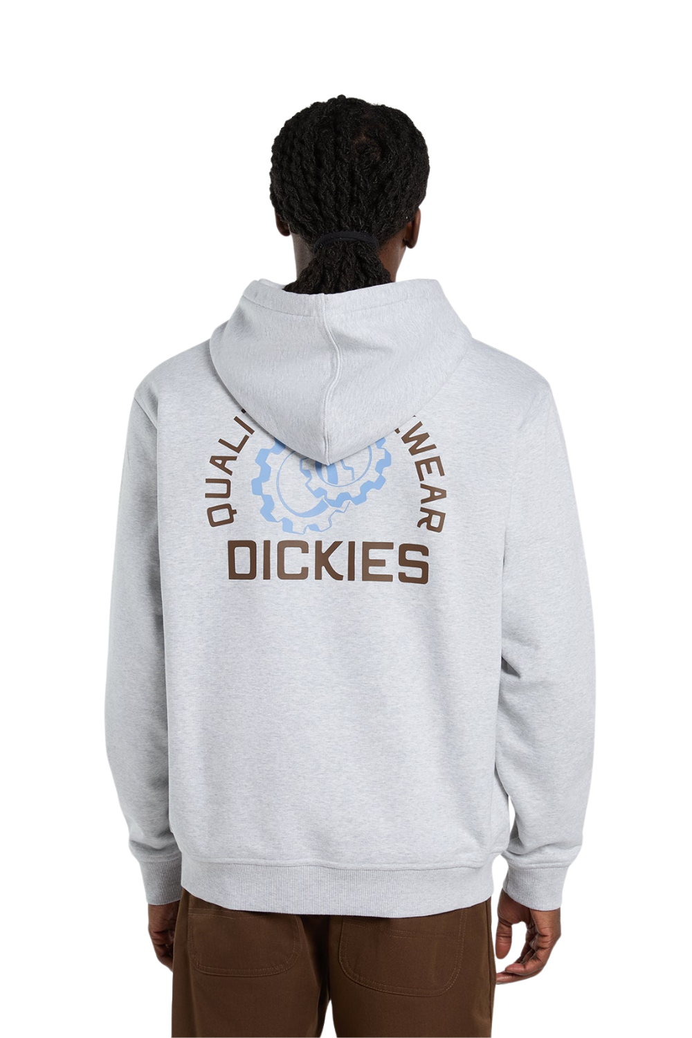 Person wearing a gray hoodie with Dickies logo on the back against a white background