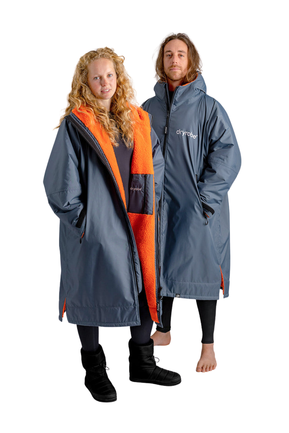 Two people waering a dark grey and orange dryrobe.