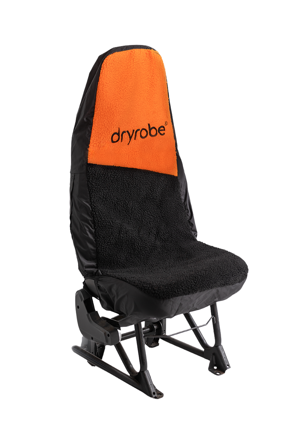 Black and orange seat cover with 'dryrobe' branding on a white background