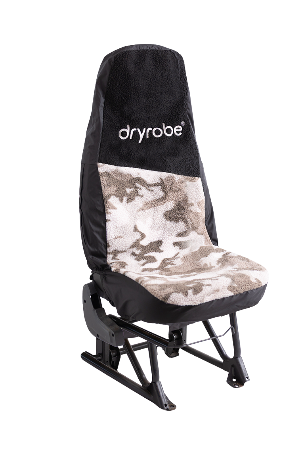 Car seat cover with camouflage pattern and 'dryrobe' branding on a white background