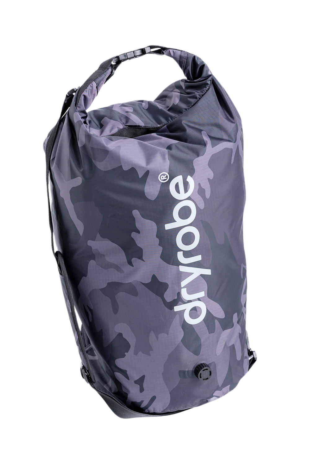 Grey camouflage dry bag with 'Dryrobe' branding on a white background
