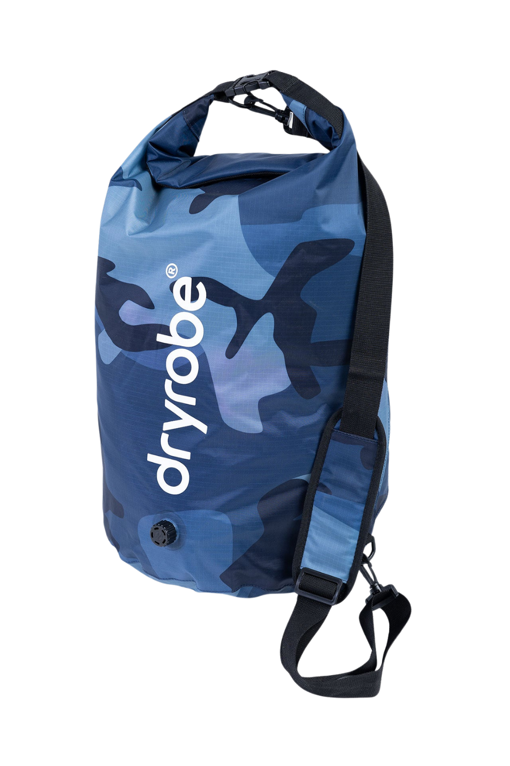Blue camouflage dry bag with 'Dryrobe' branding on a white